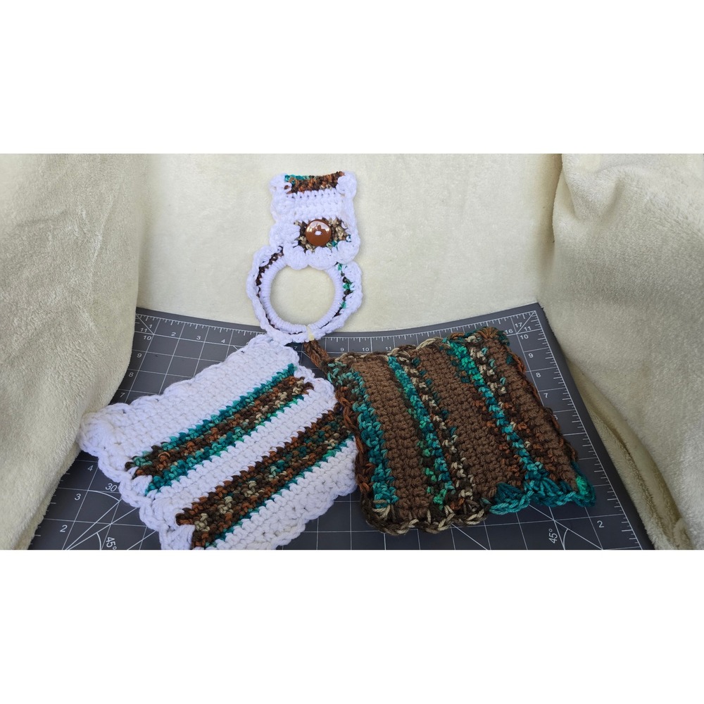 Handmade Crochet Potholder and Towel Holder Set Brown Teal White 3 Piece